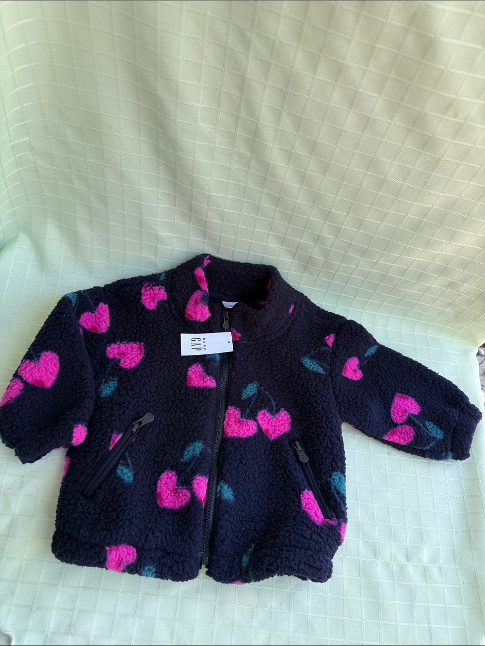 New GAP Black Sherpa Jacket with Print Pink Cherries in Heart Shape